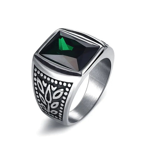 Vintage Men Ring Titanium Stainless Steel Red Black Green Square