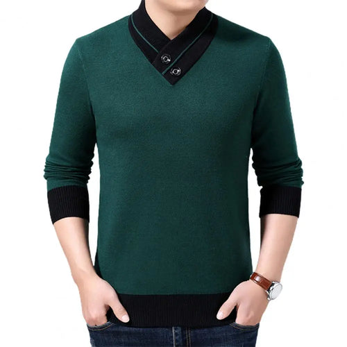 Men Sweater V Neck Knitted Contrast Colors Loose Spring Warm Button