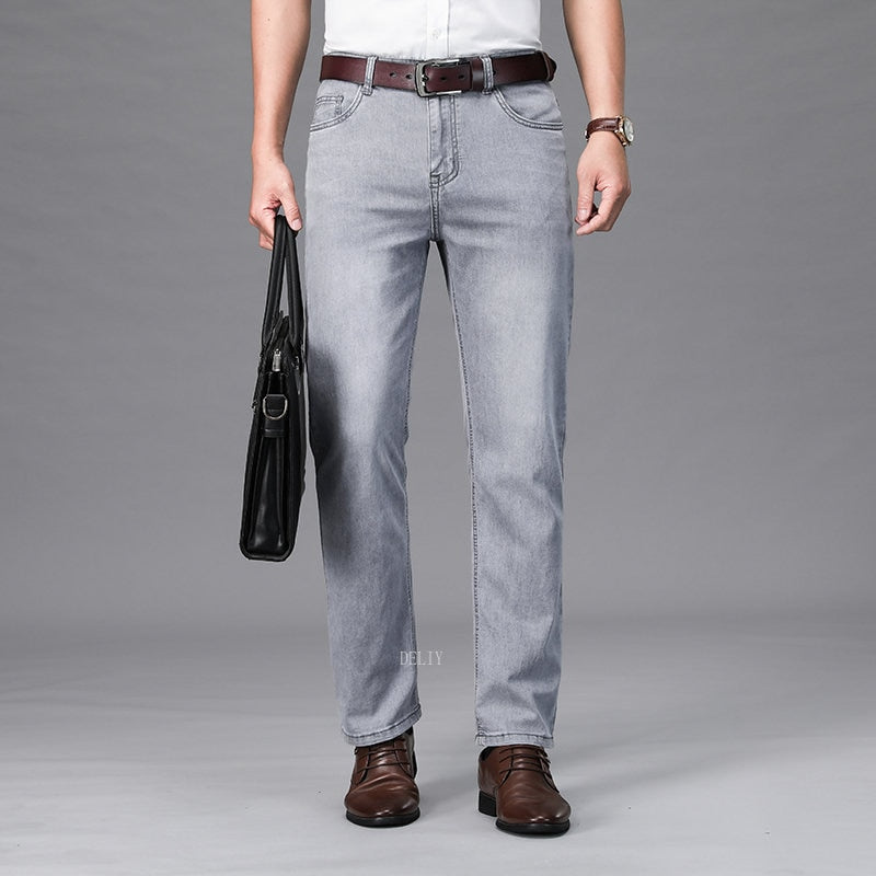 Men's Straight Stretch Denim: Beige, Auburn, Sky Blue, Black, Dark Blue