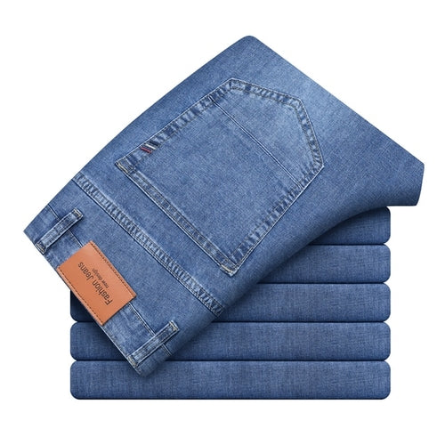 Men's Straight Stretch Denim: Beige, Auburn, Sky Blue, Black, Dark Blue