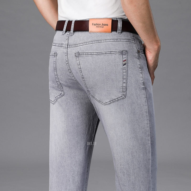 Men's Straight Stretch Denim: Beige, Auburn, Sky Blue, Black, Dark Blue