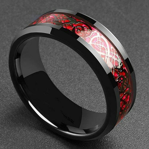 Men Red Green Carbon Fiber Black Dragon Ring