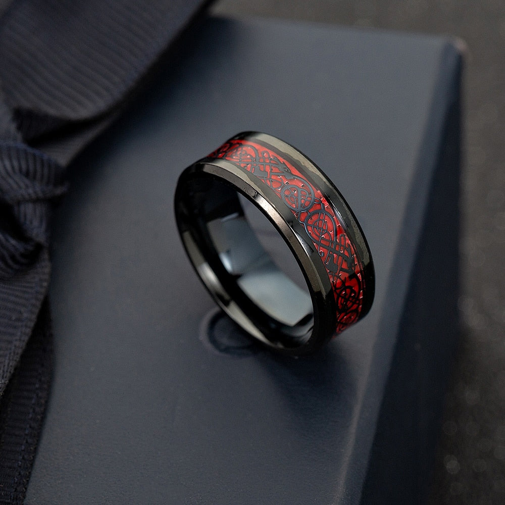 Men Red Green Carbon Fiber Black Dragon Ring