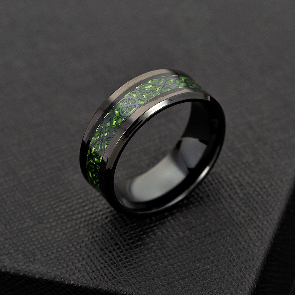 Men Red Green Carbon Fiber Black Dragon Ring