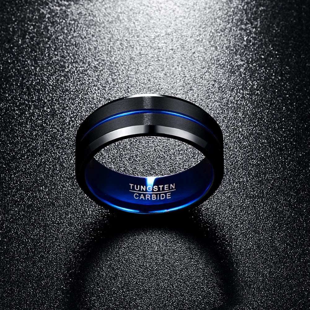 NUNCAD Men's 8mm Tungsten Carbide Ring Blue & Black Matte Finish