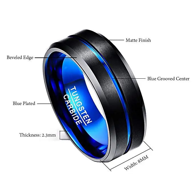 NUNCAD Men's 8mm Tungsten Carbide Ring Blue & Black Matte Finish