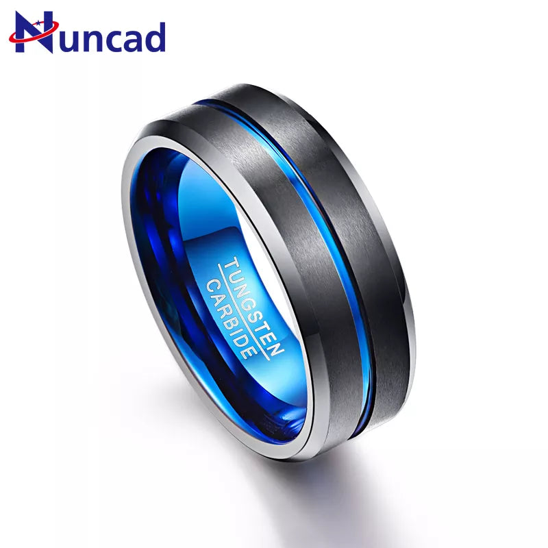 NUNCAD Men's 8mm Tungsten Carbide Ring Blue & Black Matte Finish