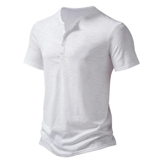 Men T-Shirts Button Up Short Sleeve Henley Collar Solid Color Tops