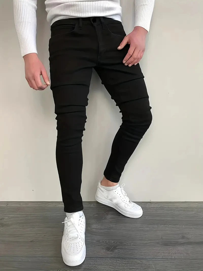 Men Jeans Stretch Skinny Denim Pants Solid Color Black Blue Autumn