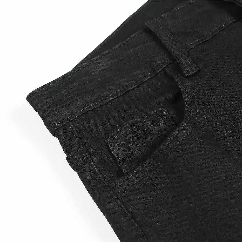 Men Jeans Stretch Skinny Denim Pants Solid Color Black Blue Autumn