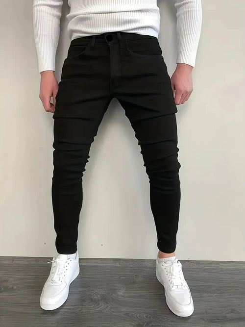 Men Jeans Stretch Skinny Denim Pants Solid Color Black Blue Autumn