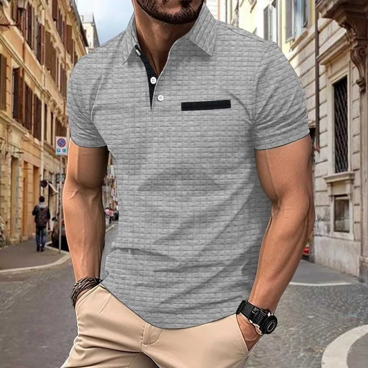 Men's POLO Shirt lapel Jacquard plaid button-up