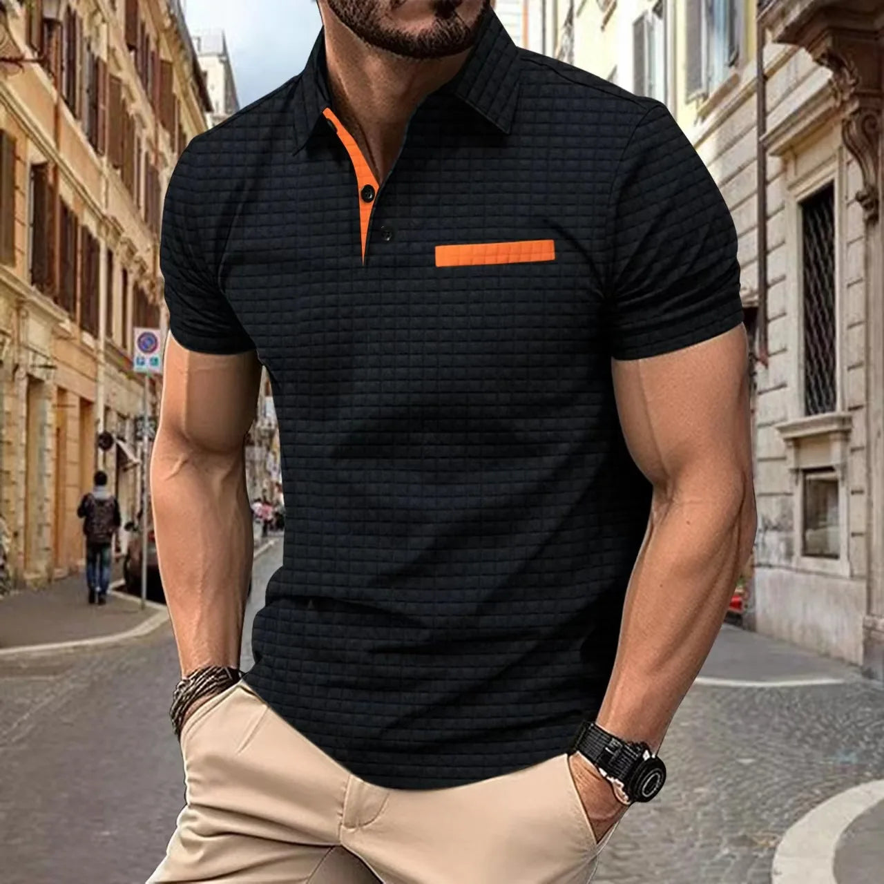 Men's POLO Shirt lapel Jacquard plaid button-up