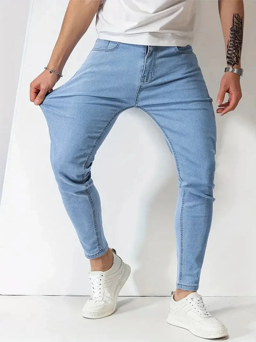 Men Jeans Stretch Skinny Denim Pants Solid Color Black Blue Autumn