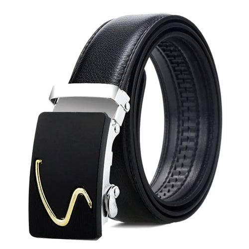 New Men's Automatic Buckle Belts PU Leather No Buckle Waist Belts Gold