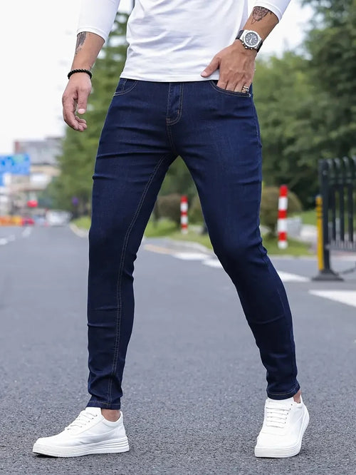 Men Jeans Stretch Skinny Denim Pants Solid Color Black Blue Autumn