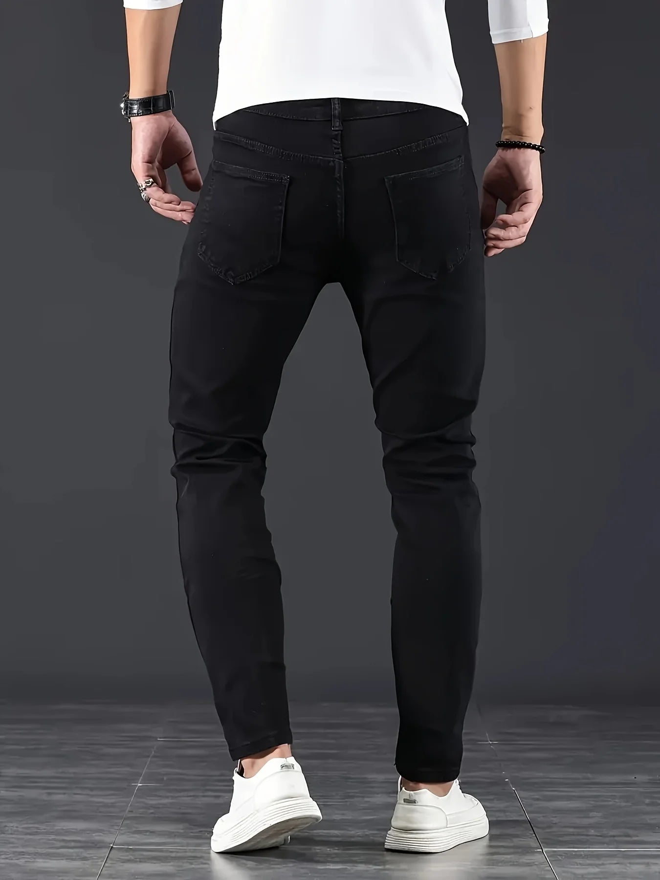 Men Jeans Stretch Skinny Denim Pants Solid Color Black Blue Autumn